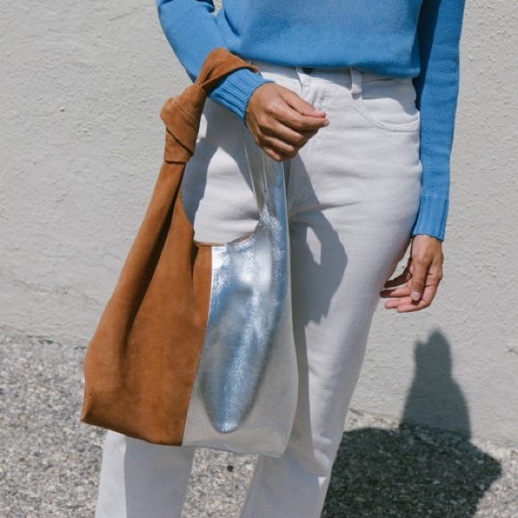 Loeffler Randall Handbags - Loeffler Randall Knot Tote Camel Suede/Silver Foil